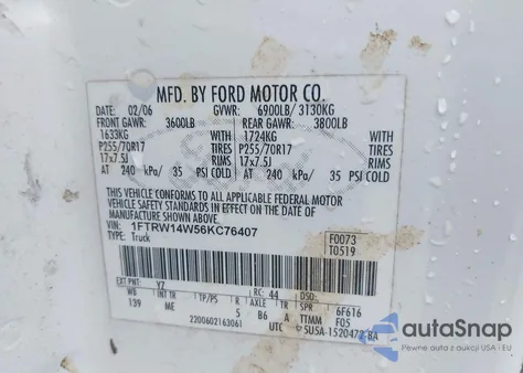 2006 Ford F-150 Xlt из США, поврежденный, VIN 1FTRW14W56KC76407